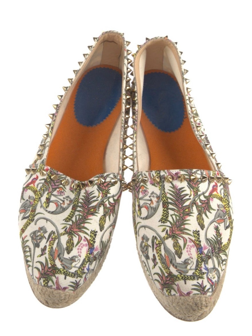 Christian Louboutin Printed Espadrille Flats Stud Trim White Floral Safari